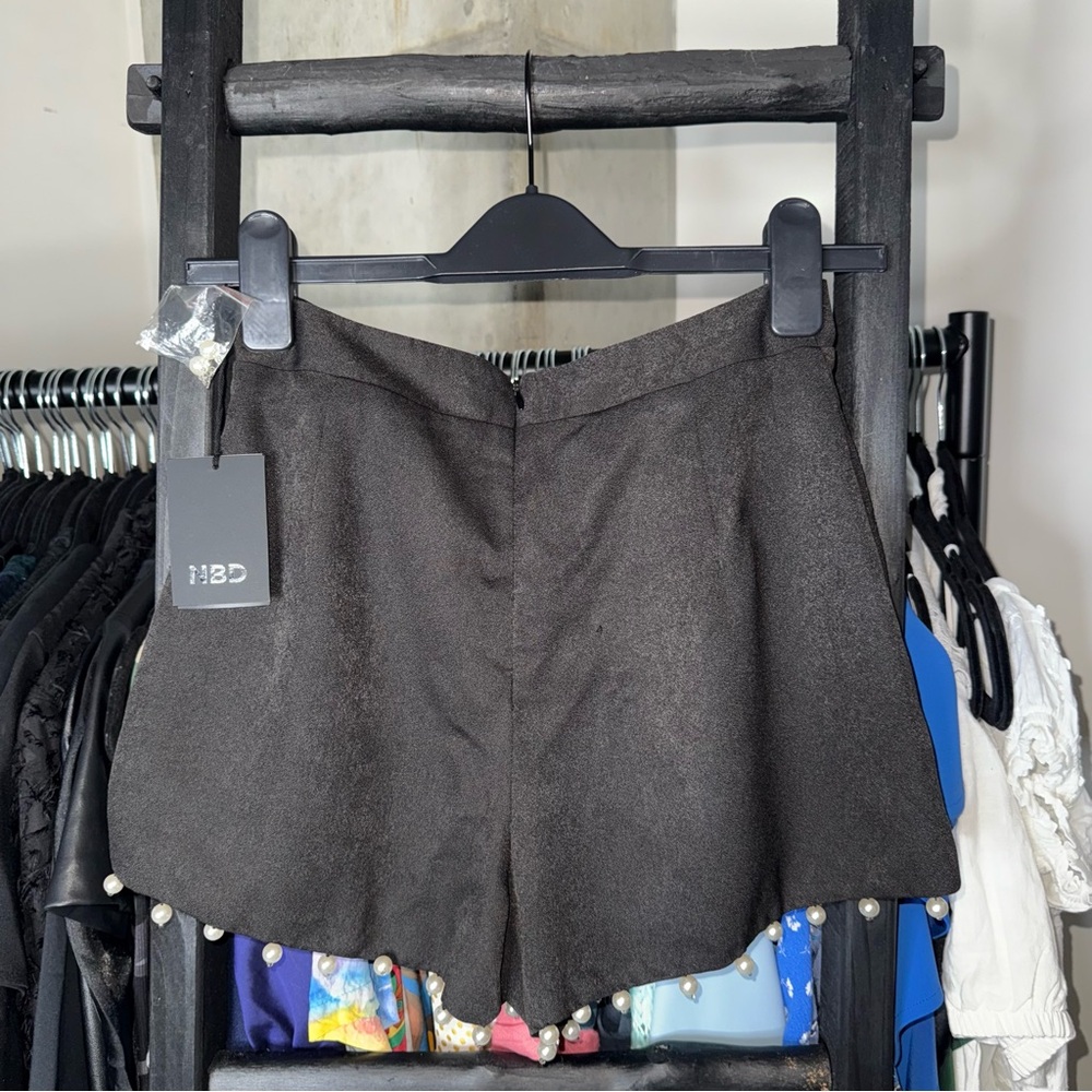 NBD Black Scalloped Pearl Trim High Waist Mini Shorts - Picture 7 of 14